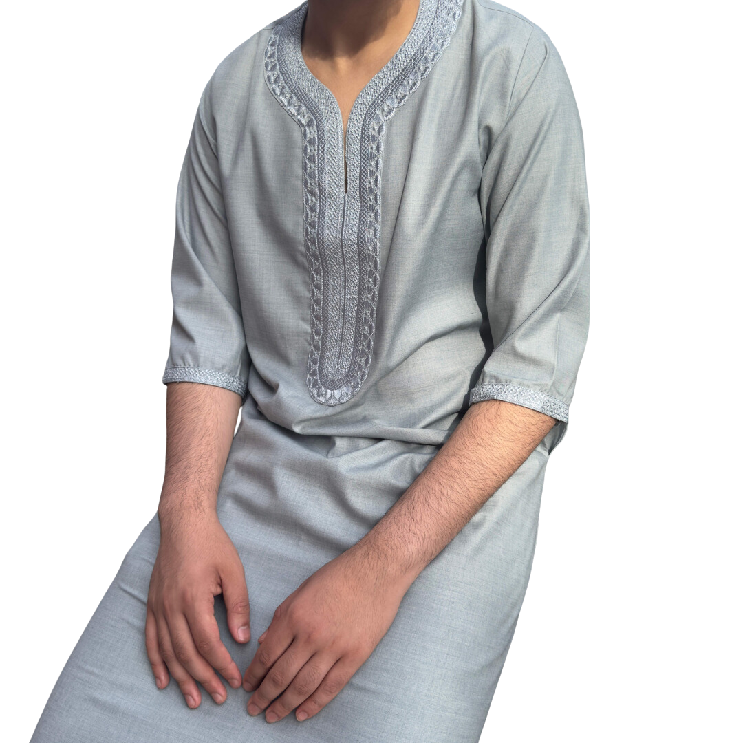 Light Grey Moroccan Thobe - Embroidered