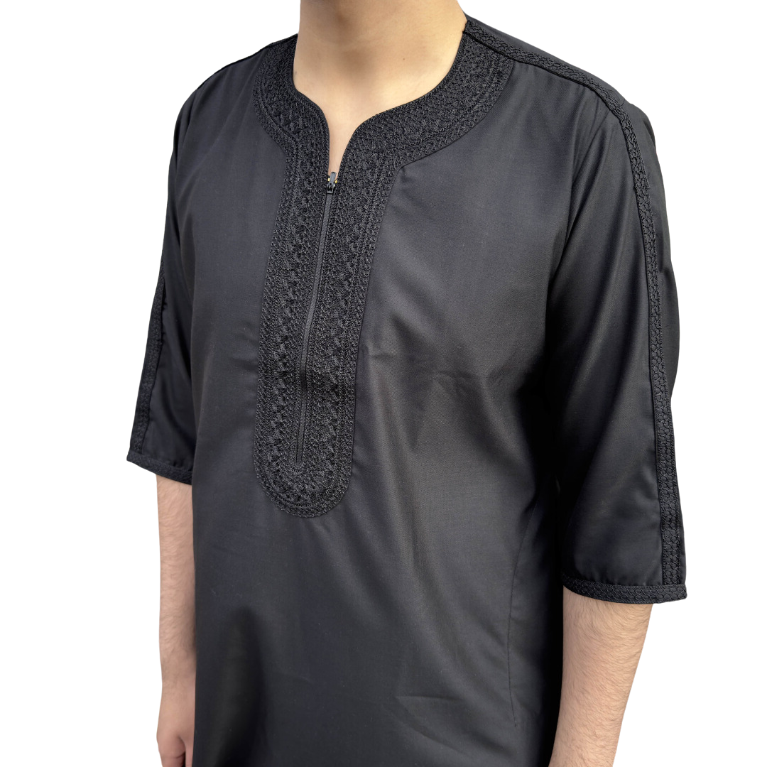 Black Moroccan Thobe - Embroidered