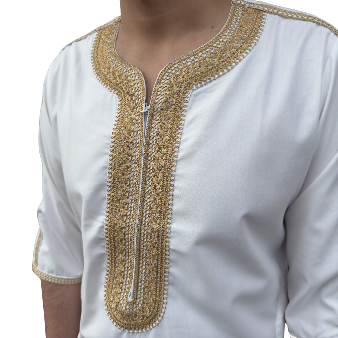 Cream and Gold Moroccan Thobe - Embroidered